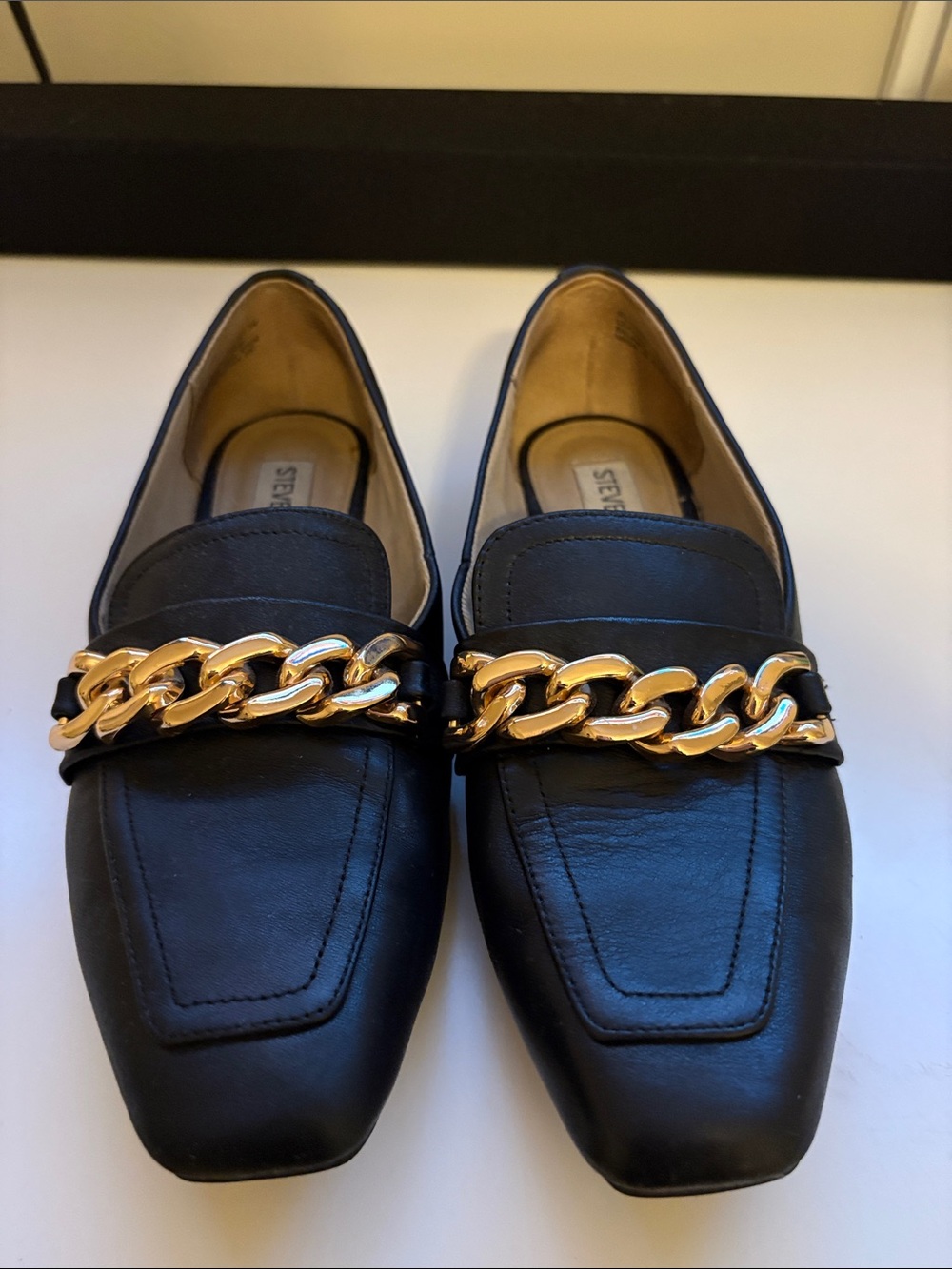 Steve Madden Black Leather Loafers with Gold Chain Accent